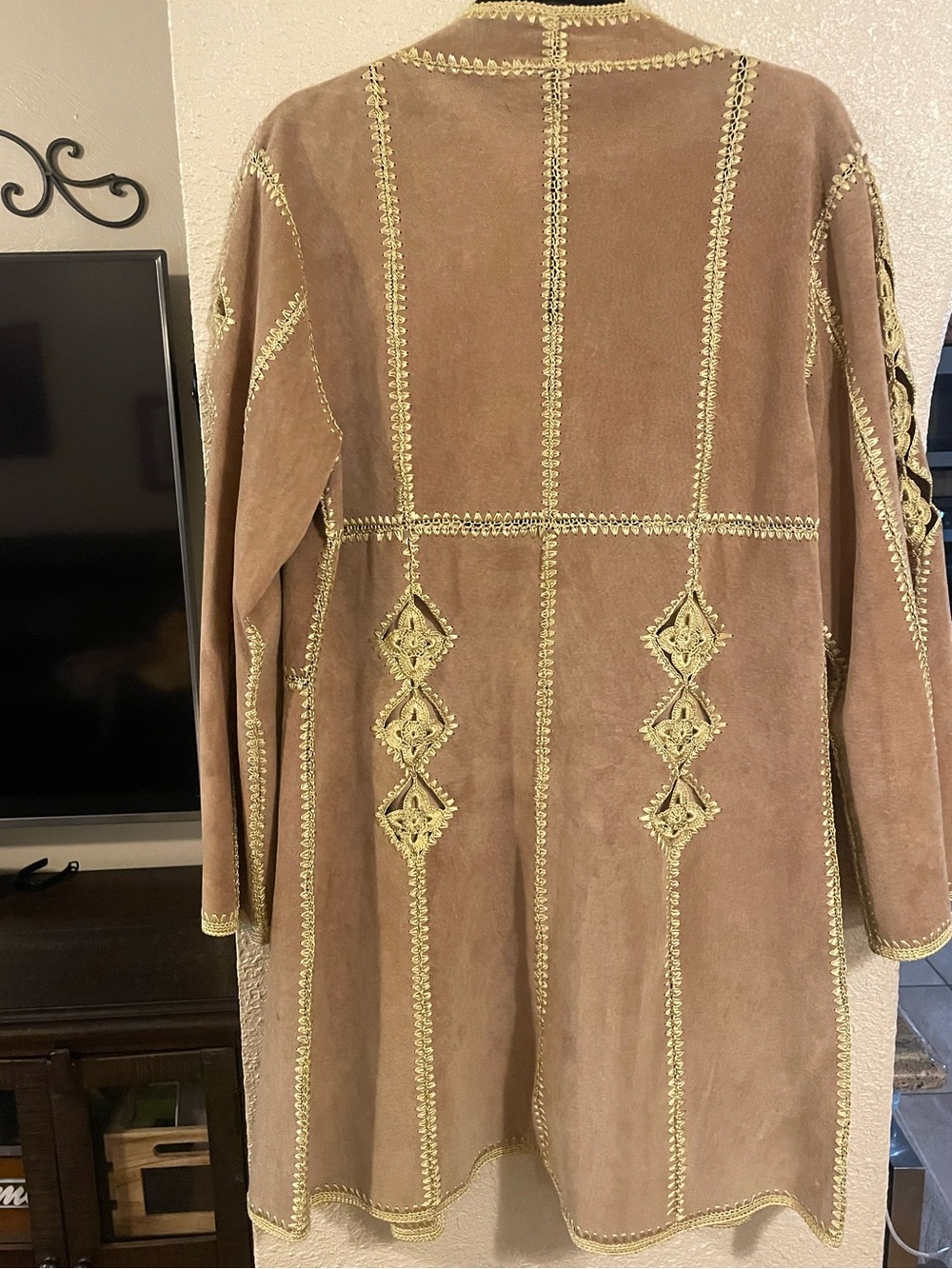 Adrienne Landau Brown Suede Open-Front Coat with Gold Trim - Picture 2 of 5